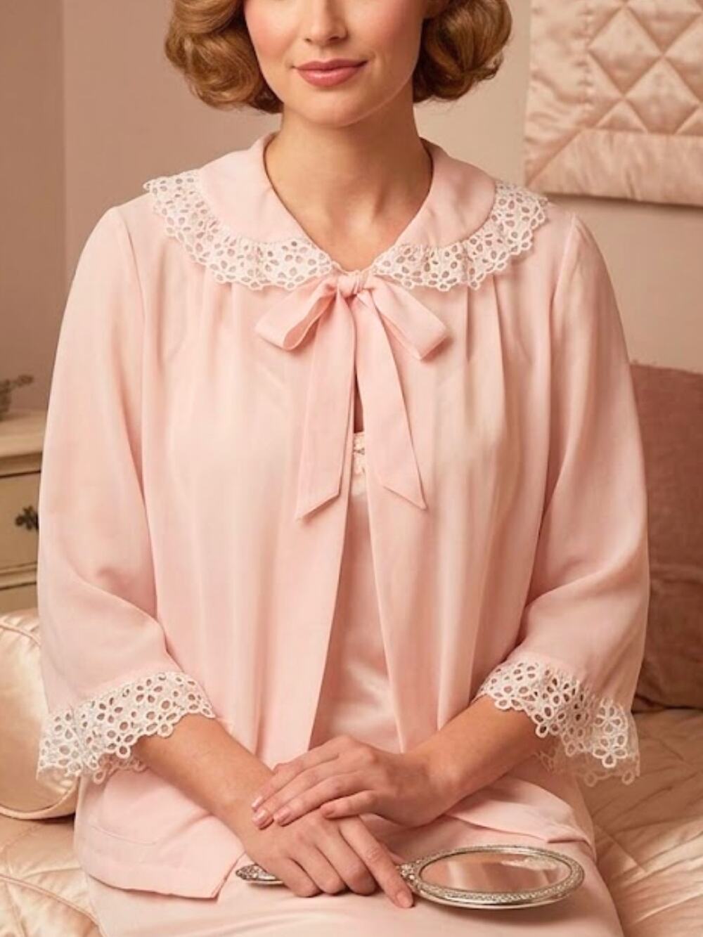 Stella Fagin Vintage Pink & White Eyelet Bed Jacket / Short Pajama Top – Size S